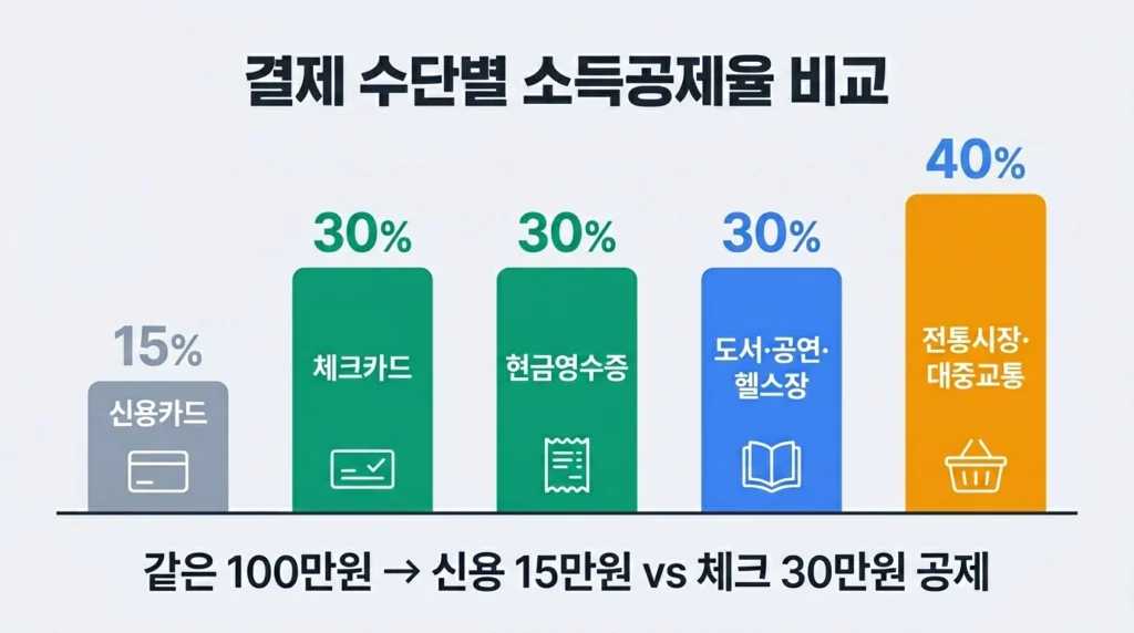 결제 수단별 소득공제율 비교 — 신용카드 15%, 체크카드 30%, 전통시장 40%